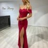 Honey Couture LAILA Burgundy Off Shoulder Silky Formal Dress