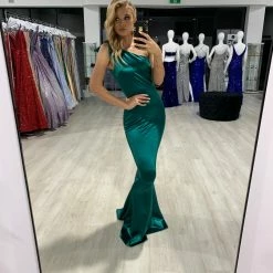 Honey Couture CHARLI Emerald Green Bow Feature One Shoulder Mermaid Formal Dress
