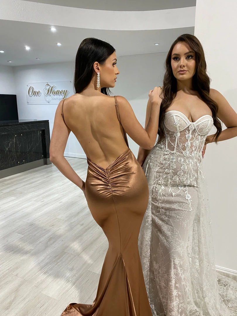 NEW ARRIVALS Honey Couture MILEE Copper Low Back Mermaid Formal Dress 8 NEW ARRIVALS Honey Couture MILEE Copper Low Back Mermaid Formal Dress