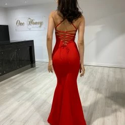 NEW ARRIVALS Honey Couture DESERIEE Red Open Lace Up Back Mermaid Formal Dress
