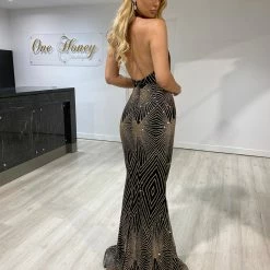 Honey Couture HYRA Black & Gold Halter Glitter Formal Dress NEW ARRIVALS
