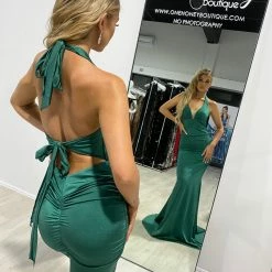 Honey Couture STACY Emerald Green Halter Tie Up Bum Ruching Mermaid Formal Dress