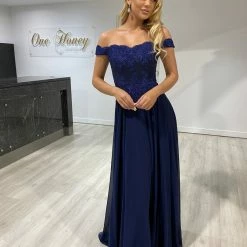 NEW ARRIVALS Honey Couture CARMEN Navy Blue Lace Applique Chiffon Bridesmaid Formal Dress