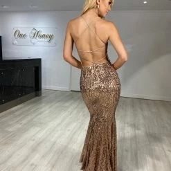 One Honey Boutique The ZOE Rose Gold Sequin Mermaid Formal Gown