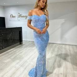Honey Couture LYDIA Baby Blue Sequin Off Shoulder Formal Gala Dress NEW ARRIVALS