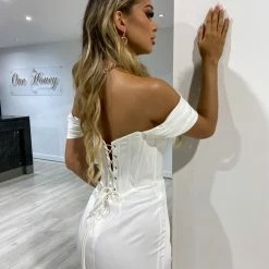 Honey Couture TYRA Off White Corset Bustier Leg Split Formal Dress NEW ARRIVALS