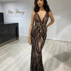 One Honey Boutique Honey Couture YASMIN Black & Beige Sequin Formal Gown NEW ARRIVALS