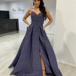 NEW ARRIVALS Honey Couture POLLY Midnight Blue Glitter Shimmer Strapless Ballgown Formal Dress