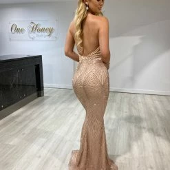 NEW ARRIVALS Honey Couture HYRA Pink & Gold Halter Glitter Formal Dress