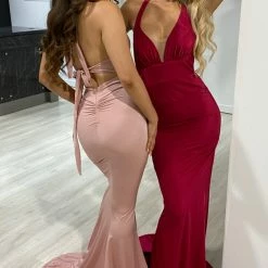 Honey Couture STACY Burgundy Halter Tie Up Bum Ruching Mermaid Formal Dress NEW ARRIVALS