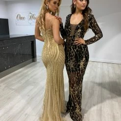 NEW ARRIVALS Honey Couture DIAMONDS Gold Sequin Mermaid Formal Gown Dress