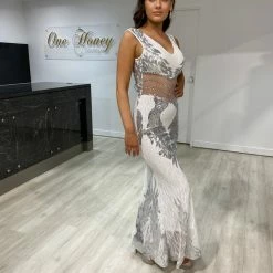 Honey Couture LEIGHTON White Mesh Sequin Formal Dress