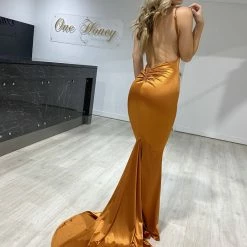 NEW ARRIVALS Honey Couture MILEE Burnt Orange Low Back Mermaid Evening Gown Dress