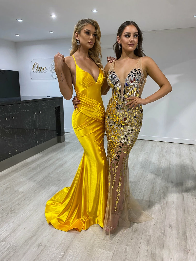 NEW ARRIVALS Honey Couture COCO Yellow Low Back Bum Ruching Mermaid Formal Dress 5 NEW ARRIVALS Honey Couture COCO Yellow Low Back Bum Ruching Mermaid Formal Dress