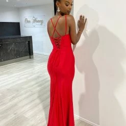 Honey Couture ORINA Red Diamante V Front Leg Split Formal Dress