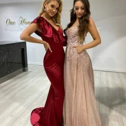 Honey Couture ALEXIS Burgundy Silky Frilly One Shoulder Mermaid Formal Dress NEW ARRIVALS