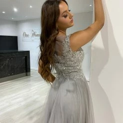 Honey Couture MADDIE Silver Tulle Lace Bodice Formal Dress 9 Honey Couture MADDIE Silver Tulle Lace Bodice Formal Dress