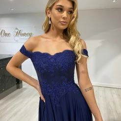 NEW ARRIVALS Honey Couture CARMEN Navy Blue Lace Applique Chiffon Bridesmaid Formal Dress