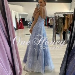 Honey Couture LIVIA Baby Blue Silver Glitter Ball Gown Formal Dress