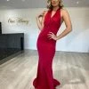 Honey Couture JODIE Red Halter Satin Mermaid Evening Gown Dress NEW ARRIVALS