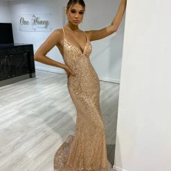 NEW ARRIVALS Honey Couture DEVINA Gold Sequin Corset Lace Up Formal Dress