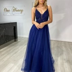 Honey Couture REAGAN Blue Beaded Crystal Tulle Ball Gown Formal Dress NEW ARRIVALS