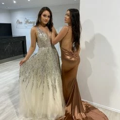 Honey Couture VIANNE Champagne Gold Glitter Tulle Formal Dress