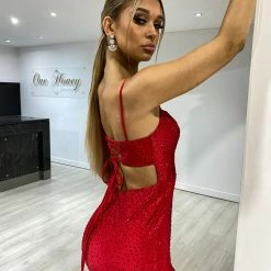 Honey Couture ELANA Red Diamante Bustier Lace Up Formal Dress