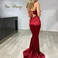 Honey Couture JUSTICE Burgundy Open Back Mermaid Evening Gown Dress