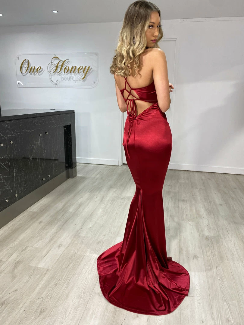 Honey Couture JUSTICE Burgundy Open Back Mermaid Evening Gown Dress 4 Honey Couture JUSTICE Burgundy Open Back Mermaid Evening Gown Dress