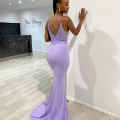 NEW ARRIVALS Honey Couture MIREN Lilac Purple Lace Applique Mermaid Formal Dress