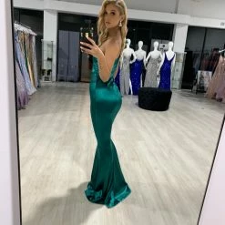Honey Couture CHARLI Emerald Green Bow Feature One Shoulder Mermaid Formal Dress