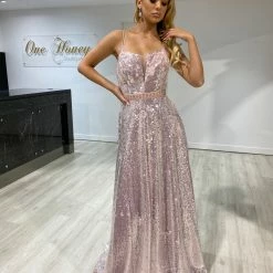 Honey Couture LAURA Baby Pink Sequin Corset Back Ballgown Formal Dress NEW ARRIVALS