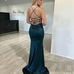 NEW ARRIVALS Honey Couture JALI Jade Green Lace Back Silky Bum Ruching Formal Dress