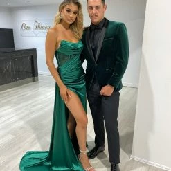 NEW ARRIVALS Honey Couture GIGI Emerald Green Corset Sparkle Bustier Strapless Mermaid Formal Gown Dress