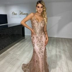 NEW ARRIVALS Honey Couture CAROLE Rose Gold Sequin Corset Mermaid Formal Gown Dress