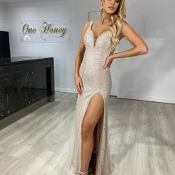 NEW ARRIVALS Honey Couture ALEYANDRA Champagne Silver Beaded Sequin Lace Up Formal Dress