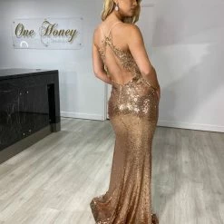 NEW ARRIVALS Honey Couture ASHLEY Gold Sequin W Lace Low Back Mermaid Formal Dress