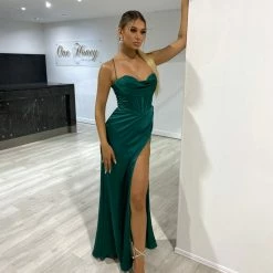 Honey Couture ZENDAYA Emerald Green Satin Corset Bustier Leg Split Formal Dress NEW ARRIVALS