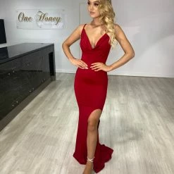 NEW ARRIVALS Honey Couture TEEGAN Burgundy Cowl Neck Mermaid Formal Dress