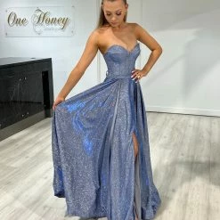 Honey Couture Made To Your Measurements NEW ARRIVALS Honey Couture DORIT Strapless Bustier Glitter Fabric Formal Dress