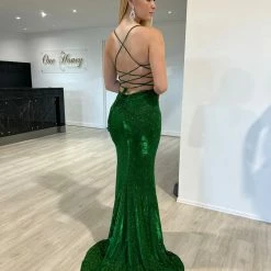 Honey Couture MEXX Green Glitter Shimmer Lace Back Bum Ruching Formal Dress NEW ARRIVALS
