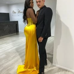 NEW ARRIVALS Honey Couture GIGI Neon Yellow Corset Sparkle Bustier Strapless Mermaid Formal Gown Dress