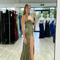 NEW ARRIVALS Honey Couture ZENDAYA Olive Green Satin Corset Bustier Leg Split Formal Dress