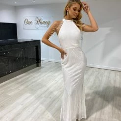 Honey Couture ZANDILIE White Beaded Shoulder Sequin Formal Gala Dress