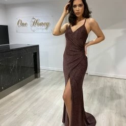 Honey Couture NEW ARRIVALS The BELINDA Copper Ruching Mermaid Evening Gown Dress