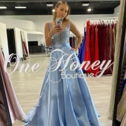 NEW ARRIVALS Honey Couture JOSIE Baby Blue Beaded Ball Gown Formal Dress