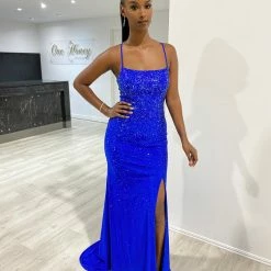 Honey Couture LEONIE Royal Blue Diamante Leg Split Mermaid Formal Dress