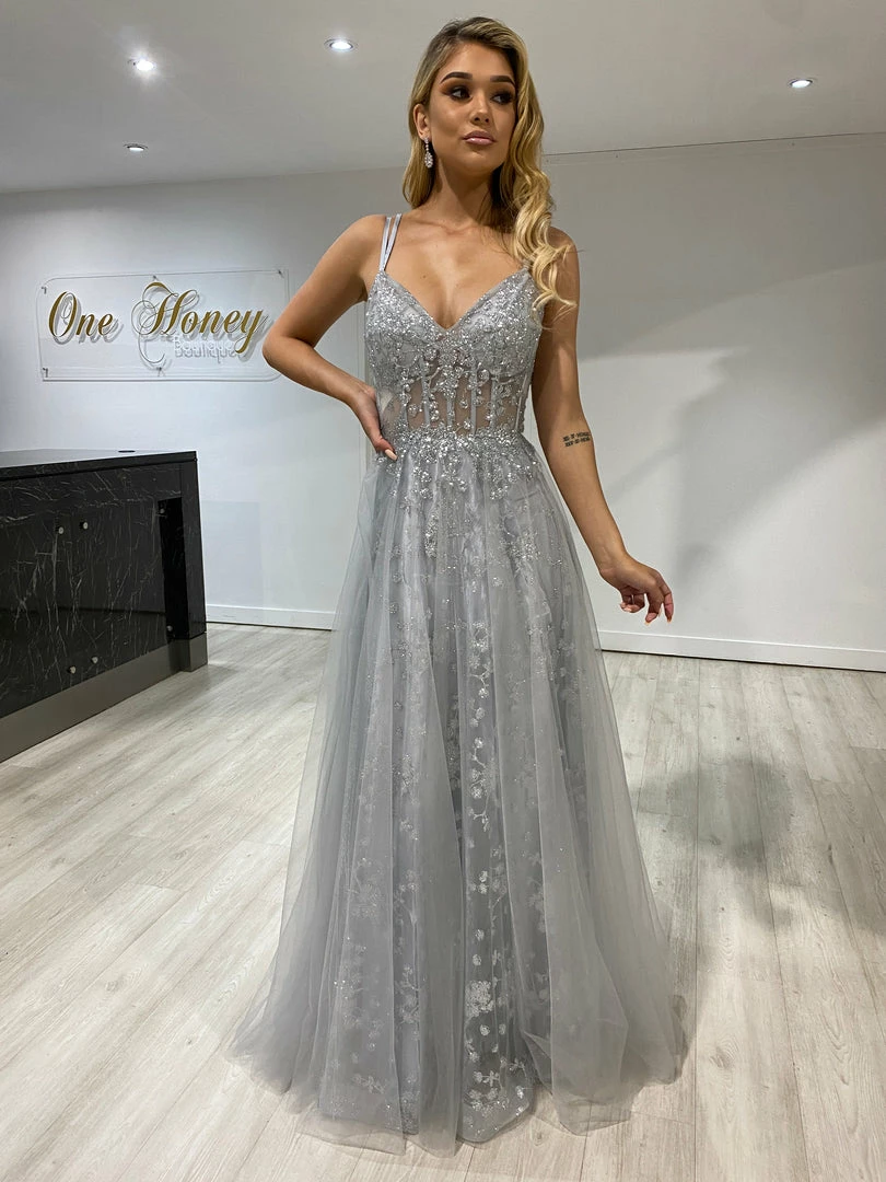 NEW ARRIVALS Honey Couture NORA Silver Tulle Glitter Corset Formal Dress 6 NEW ARRIVALS Honey Couture NORA Silver Tulle Glitter Corset Formal Dress