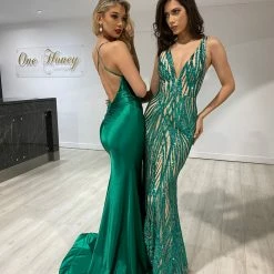 Honey Couture COCO Emerald Green Low Back Bum Ruching Mermaid Formal Dress